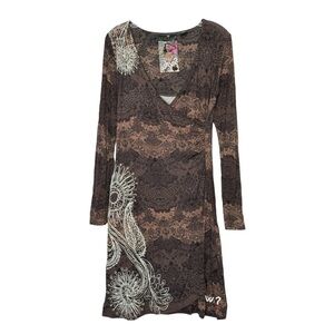 Desigual Atypical Winter Brown Embroidered Wrap Dress M Stretch V-Neck Floral